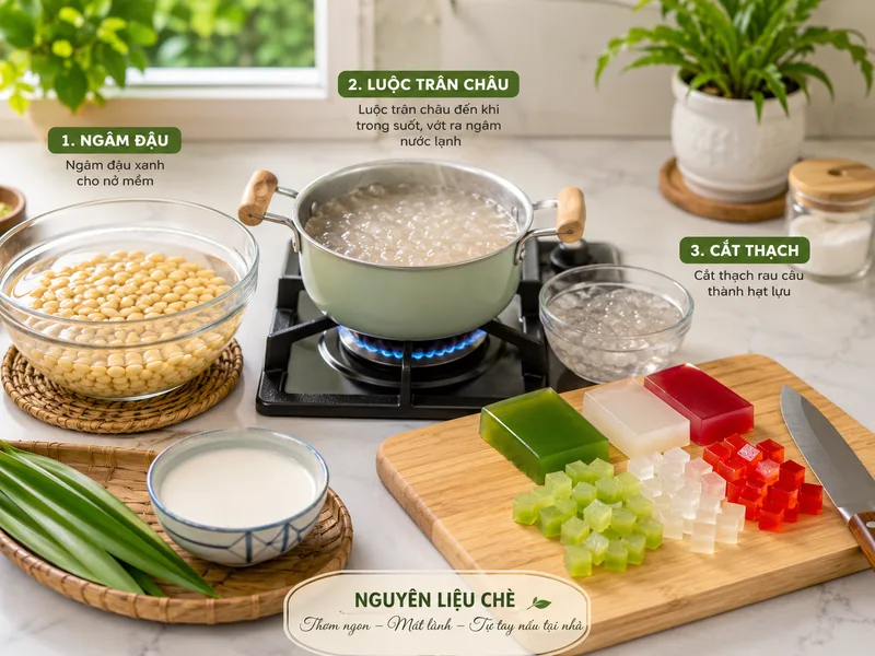 Sơ chế đúng giúp đậu nhanh mềm, trân châu không dính và thạch giữ được độ giòn đẹp.